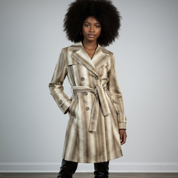 HELENA BERMAN LONDON FIT + FLARE SNAKE PRINT SATIN FEEL TRENCH COAT - Picture 12 of 14
